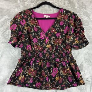 Rabbit Rose Blouse Top Women's L Black Pink Magenta V-Neck Smocked Waist